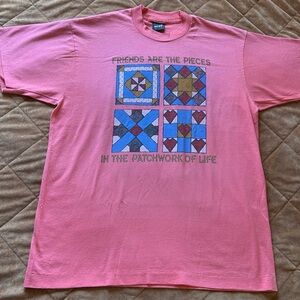 Vintage Single Stitch Quilt Patchwork Shirt Top Pink Friendship Best Size Large